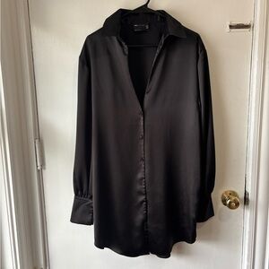 ASOS | PETITE SLOUCHY SATIN PLUNGE SHIRTDRESS | SIZE 8 | BLACK